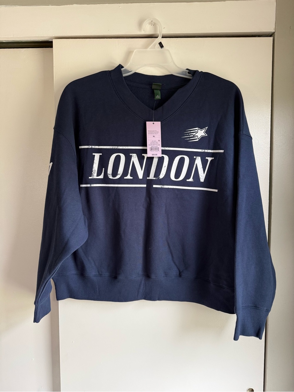 wild fable Navy V-Neck Sweater with White 'LONDON' Graphic